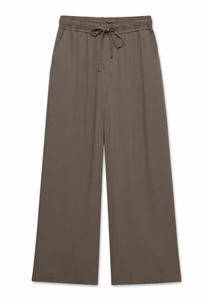 Pantalon à jambes larges marron avec taille élastique et cordon de serrage ajustable, doté de poches latérales, conçu pour un usage décontracté.