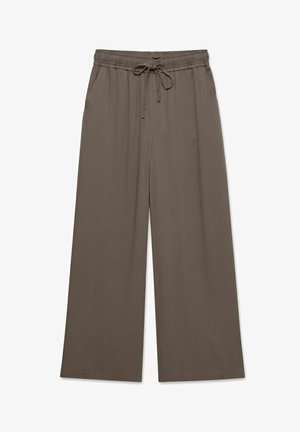 Pantalon à jambes larges marron avec taille élastique et cordon de serrage ajustable, doté de poches latérales, conçu pour un usage décontracté.
