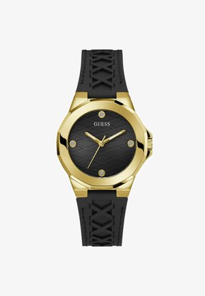 Schwarze Silikonarmbanduhr mit einem Gehäuse aus goldfarbenem Edelstahl. Das schwarze strukturierte Zifferblatt hat goldene Akzente und fünf Kristallmarkierungen.