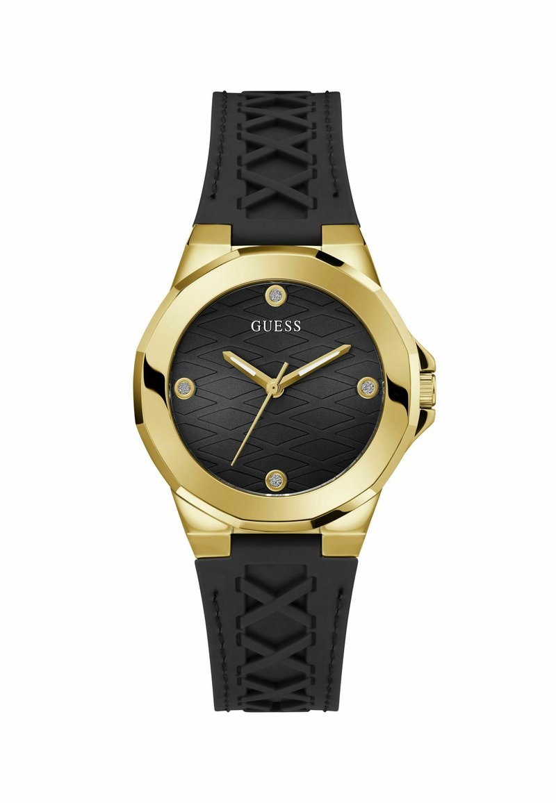 Schwarze Silikonarmbanduhr mit einem Gehäuse aus goldfarbenem Edelstahl. Das schwarze strukturierte Zifferblatt hat goldene Akzente und fünf Kristallmarkierungen.