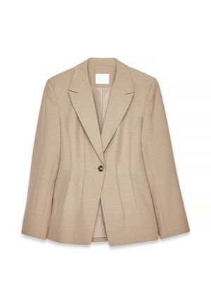 Beige blazer with a notched lapel, single button closure, and vertical seam detailing. Made of smooth fabric, featuring a structured shape.