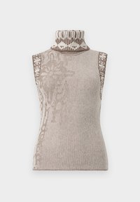 Pull sans manches encolure montante en tricot côtelé crème et marron. Présente des motifs géométriques complexes près du col. Tissu doux et texturé.