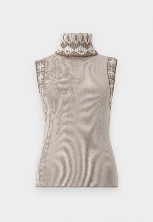 brezrokavnik s turtleneck ovratnikom v kremni in rjavi rebrasti pletenini. Vsebuje zapletene geometrijske vzorce blizu ovratnika. Mehka, teksturirana tkanina.
