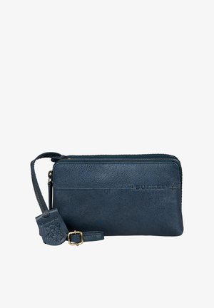 Portafoglio in pelle blu navy con finitura testurizzata, chiusura con zip, tracolla e dettagli del logo impresso. Forma rettangolare e design compatto.