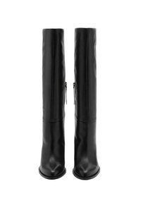 Bottes noires hautes jusqu'au genou en cuir lisse avec un bout pointu, dotées d'une fermeture à glissière latérale et d'un talon épais pour le soutien.
