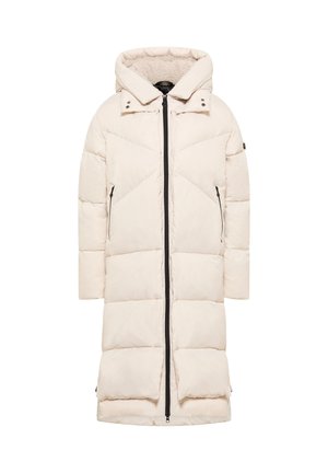 Puffermantel in hellbeige. Verfügt über eine Kapuze, einen Vorderreißverschluss und seitliche Taschen. Hat ein gestepptes Design mit auffälligen horizontalen und diagonalen Linien.