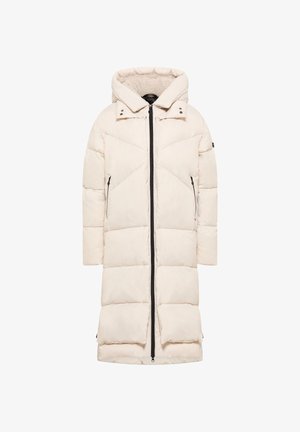 Puffermantel in hellbeige. Verfügt über eine Kapuze, einen Vorderreißverschluss und seitliche Taschen. Hat ein gestepptes Design mit auffälligen horizontalen und diagonalen Linien.