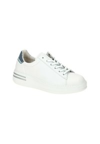 White leather sneakers with a rounded toe, light blue accents on the heel, and gray stripes on the sole. Features lace-up design.