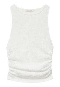 Bílé bezrukávové tričko s texturovanou, zmačkanou tkaninou a nabíranými detaily po stranách. Klasický kulatý výstřih a pohodlný střih.