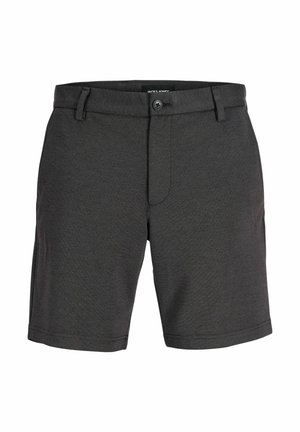 Tmavosivé pánske kraťasy po kolená s gombíkovým zapínaním, pútkami na opasok a bočnými vreckami, zobrazené na bielom pozadí.