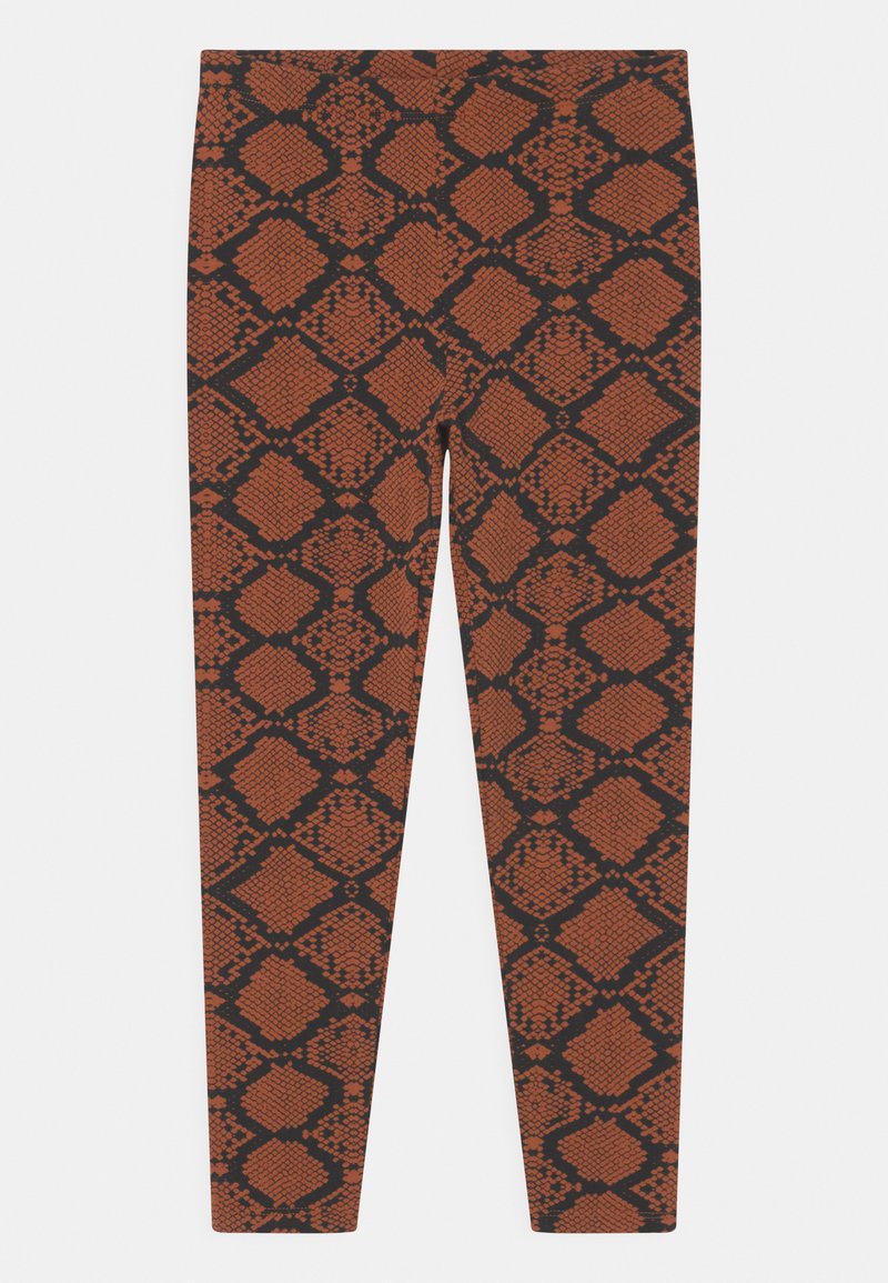 Leggings com um padrão de pele de cobra texturizado em tons de laranja e preto, com um design justo e ajustado e uma faixa elástica na cintura.