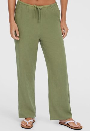 Lightweight olive green pants made of textured fabric, featuring a drawstring waist and wide-leg design. Paired with simple sandals.