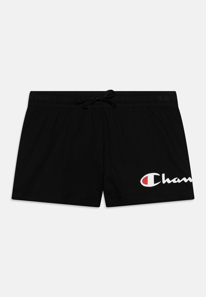 Shorts de bain noirs en tissu doux, dotés d'une taille élastique avec cordon de serrage. Logo rouge et blanc notable sur le bas à gauche.