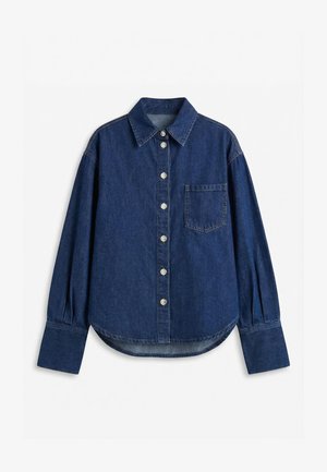 Donkerblauw denim overhemd met lange ruime mouwen, knoopsluiting aan de voorkant, puntige kraag, een borstzak en brede manchetten.
