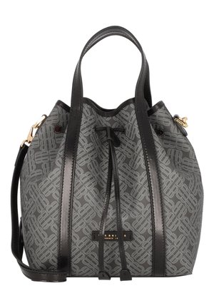 Grijze en zwarte handtas in emmerstijl met herhalend monogrampatroon, zwarte leren afwerking, dubbele handvatten, trekkoordsluiting en accenten van goudkleurige hardware.