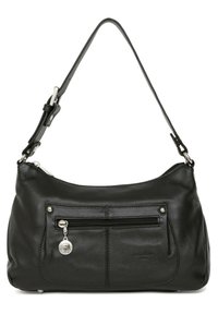 Borsa a spalla in pelle nera con design curvo, caratterizzata da una tasca frontale con cerniera e dettagli in metallo argentato. Texture liscia e tracolla regolabile.