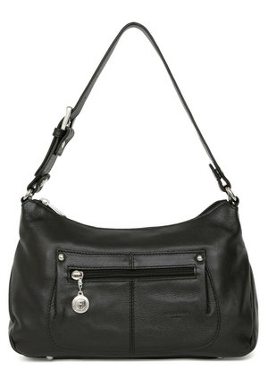 Borsa a spalla in pelle nera con design curvo, caratterizzata da una tasca frontale con cerniera e dettagli in metallo argentato. Texture liscia e tracolla regolabile.