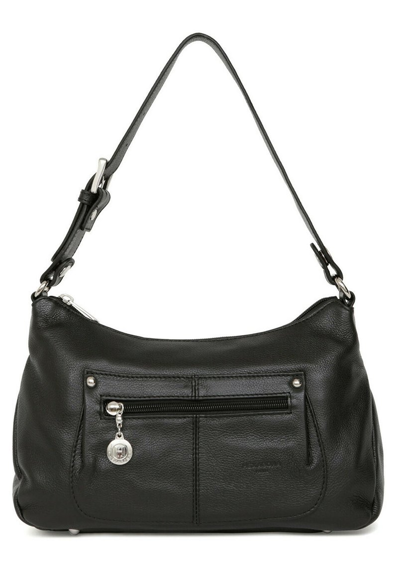 Borsa a spalla in pelle nera con design curvo, caratterizzata da una tasca frontale con cerniera e dettagli in metallo argentato. Texture liscia e tracolla regolabile.