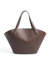 Sac fourre-tout en cuir marron avec une forme large et structurée. Dispose de doubles poignées et d'une finition texturée, adapté à un usage quotidien.
