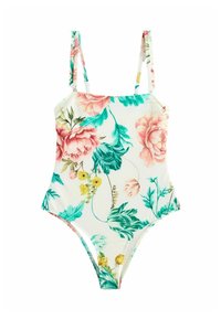 Maillot de bain une pièce avec imprimé floral en rose, vert et jaune sur fond blanc. Il dispose de fines bretelles et d'un tissu texturé.