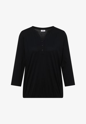 Musta pitkähihainen paita, jossa on kolmen napin V-aukko ja joustava helma, yksivärinen malli, sisäkauluksessa merkintä "CECIL".