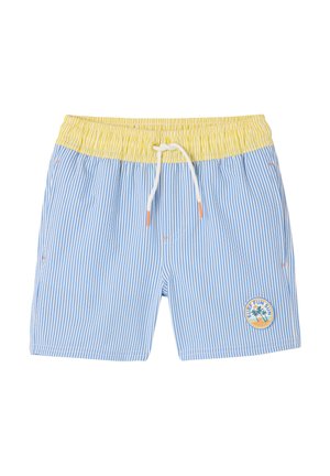 Blau-weiß gestreifte Badeshorts mit gelbem elastischem Bund, weißem Kordelzug und einem runden "Surf Fun Sun Hawaii"-Aufnäher am Bein.