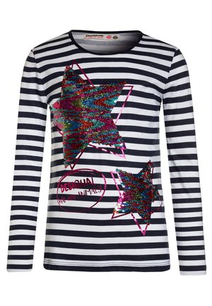 Maglietta a maniche lunghe a righe con motivo blu navy e bianco, caratterizzata da stelle multicolori in paillettes e uno slogan stampato in una nuvoletta rossa.