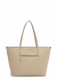 Beige leren tote bag met twee lange hengsels, rechthoekige vorm, een buitenzak met rits, gestructureerd oppervlak en minimalistisch ontwerp.