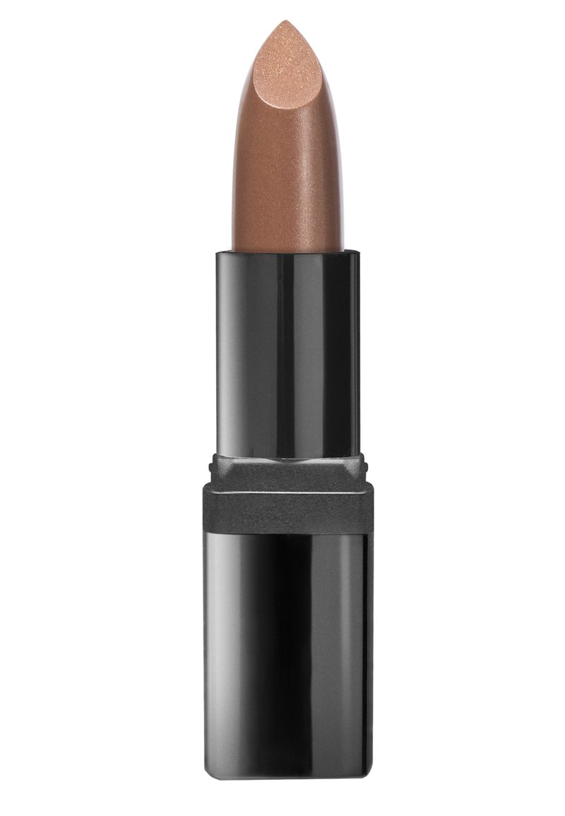 Lipstick in a black tube, featuring a pointed tip and a creamy, shimmery bronze color. The tube has a matte black base and glossy finish.