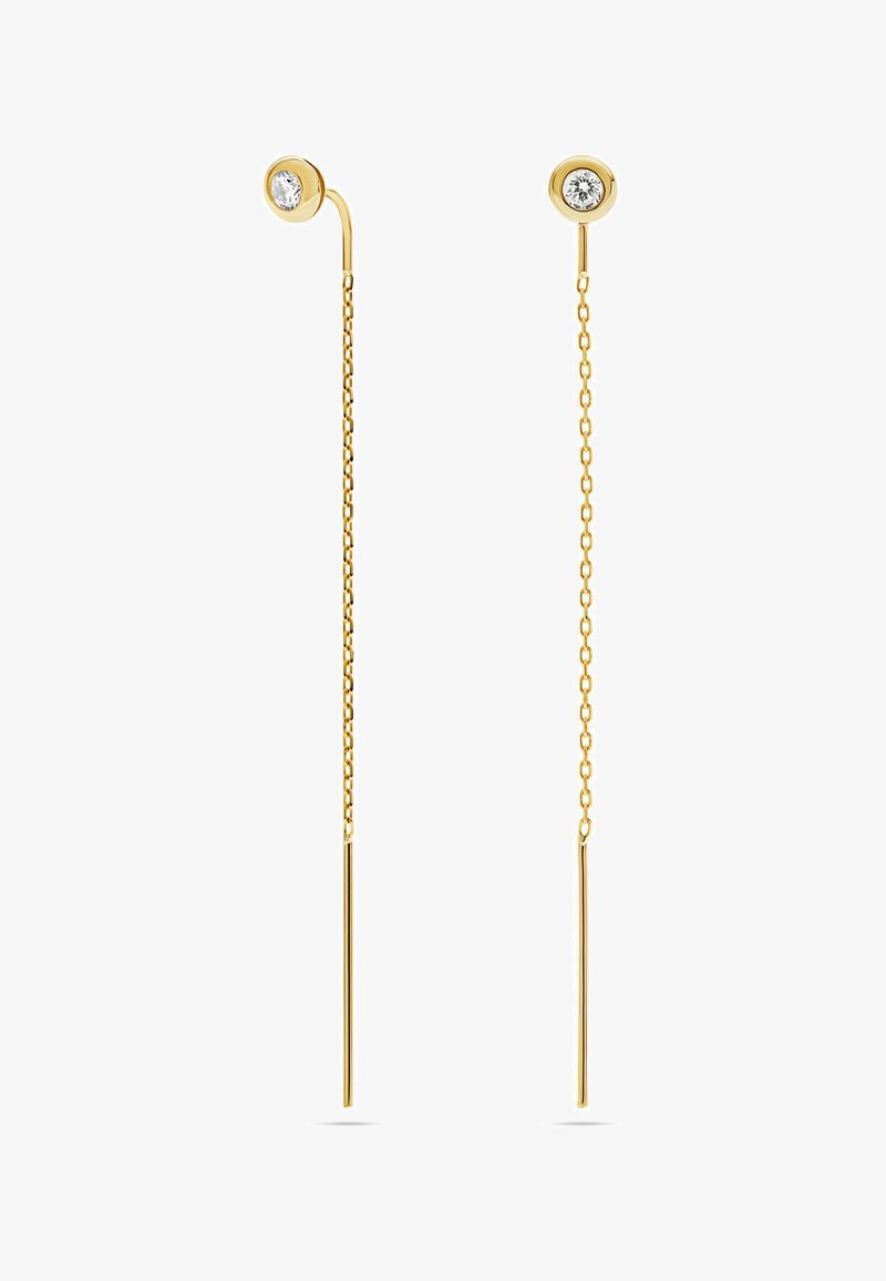 Orecchini a filo d'oro con piccole gemme trasparenti rotonde fissate in cima e una delicata catena che collega a sottili barre d'oro.