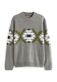 Maglione grigio in maglia con motivo geometrico verde, blu navy e bianco. Polsini e orlo a coste, con texture maculata su tutta la superficie.