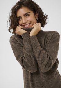 Pull à col roulé marron en tricot avec des manches longues et une coupe décontractée, présentant des poignets et un col côtelés, mettant en avant une texture douce.