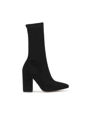 Black ankle boot made of soft fabric with a pointed toe and a chunky heel. Features a smooth, seamless design and a fitted upper.