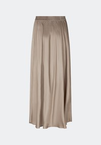 Satin midi-nederdel i lys beige, med elastisk talje og en glat, flodende silhuet. Ingen mønstre eller accentuer er synlige.