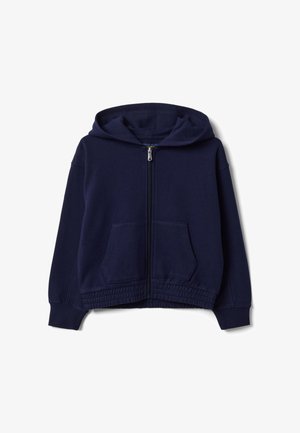 Marineblaue Kapuzenjacke mit Reißverschluss, vorderen Taschen, elastischem Bund, gerippten Bündchen und Kapuze, dargestellt auf weißem Hintergrund.
