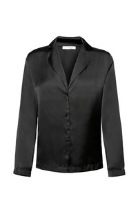 Zwarte satijnen button-up blouse met lange mouwen, een notch-kraag en een gladde textuur. Knopen aan de voorkant voor sluiting.