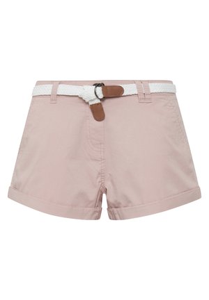 Pantaloni shorts di cotone rosa chiaro con orlo arrotolato, dotati di una cintura di corda bianca e dettagli in pelle marrone nei passanti.