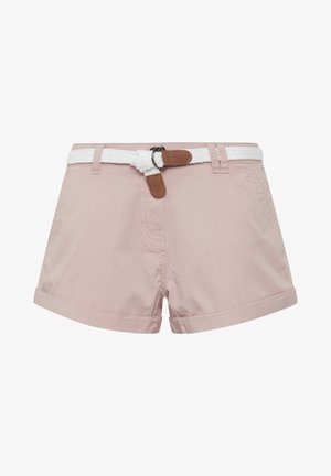 Shorts made of light pink cotton with a rolled hem, featuring a white rope belt and brown leather accents at the belt loop.