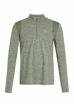Grøn langærmet top med halv-zipped krave, der har tekstureret stof og kontrasterende skulderpaneler. Bjerggrafik på brystet.