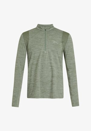 Grøn langærmet top med halv-zipped krave, der har tekstureret stof og kontrasterende skulderpaneler. Bjerggrafik på brystet.