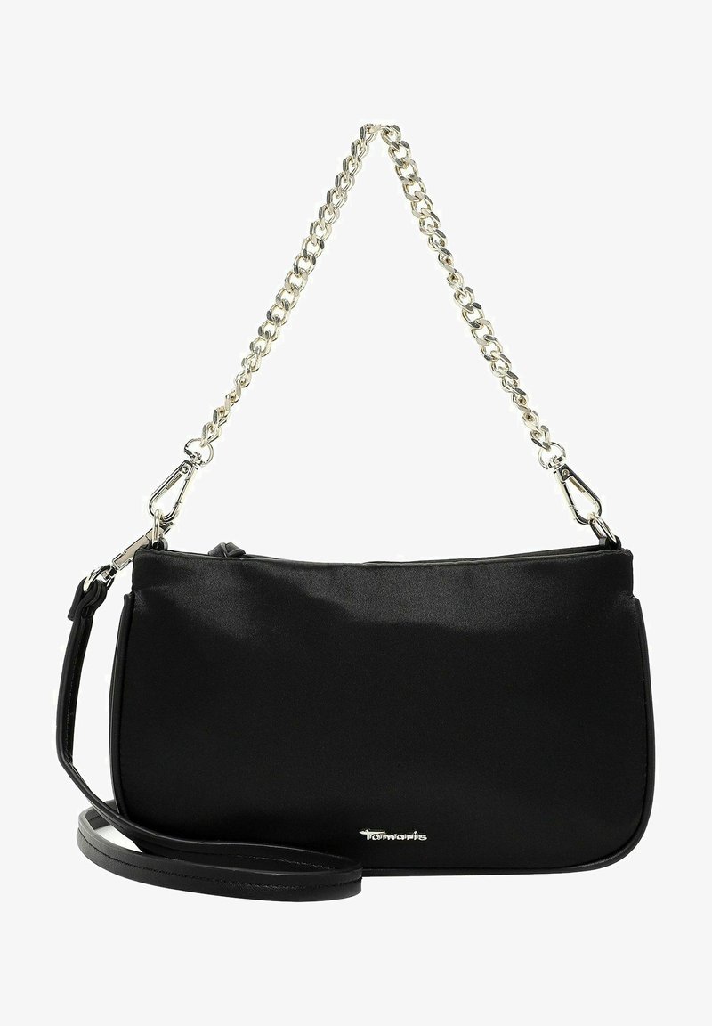 Czarna torebka satynowa o gładkiej fakturze, z metalowymi elementami w kolorze srebrnym, zamkiem błyskawicznym i logo po boku.