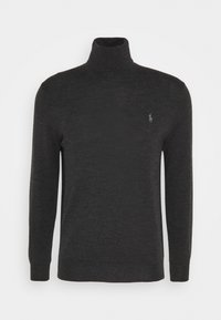 Mörkgrå polotröja i mjukt stickat material, med långa ärmar och en liten broderad logotyp på bröstet.