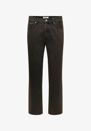 Schwarze Jeans aus Denim mit geradem Bein, Fünf-Taschen-Stil und Metall-Accessoire am Bund. Dezente Textur und waschdichter Look.