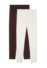 Due paia di leggins: una marrone scuro e una grigia chiara. Entrambi hanno una vita elastica e un tessuto liscio e elastico.