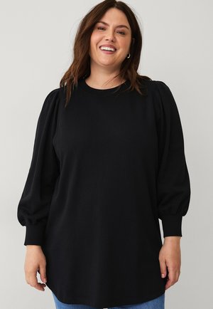 Black pullover top with a round neckline, puffed sleeves, and ribbed cuffs. Made from soft fabric, features a relaxed fit and straight hem.