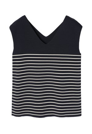 Débardeur bleu marine sans manches avec un décolleté en V profond, orné de rayures blanches horizontales. Tissu lisse avec une coupe décontractée et un ourlet droit.