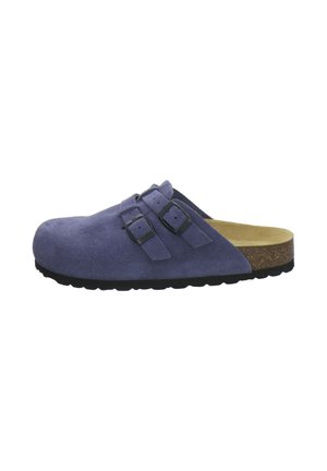 Purple suede slip-on clog with two black buckle straps, cork footbed, and black textured sole shown from side view.