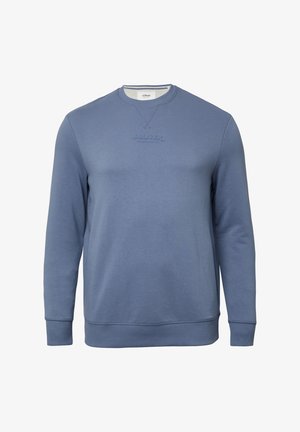 Sinine pikkade varrukatega crewneck-sweater, millel on soonikkoes varrukaserv ja laineline alus, esitades diskreetset väljajoonistatud "s.Oliver" logo rinnal.