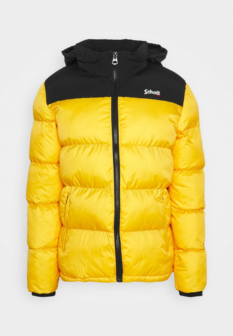 Veste en duvet jaune avec un col noir, fermeture éclair et logo. Présente des sections matelassées horizontales et des poignets élastiques pour un ajustement optimal.