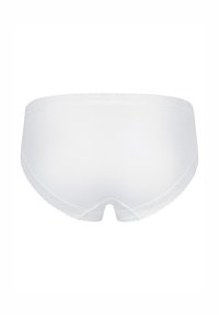 White lace-trimmed hipster underwear featuring a seamless design and smooth fabric with a low-rise back and rounded leg openings.